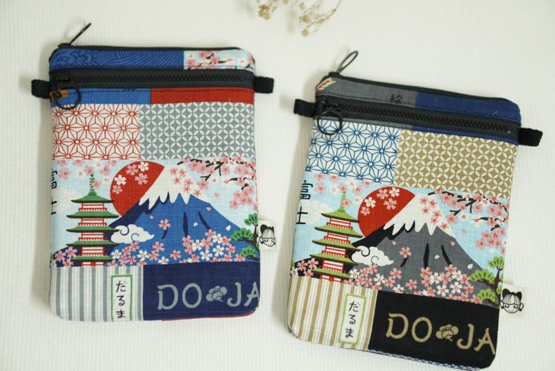 双拉链手机包 日本和风 Fuji 富士山 黑/ 蓝 - 侧背包/斜挎包 - 棉．麻 蓝色