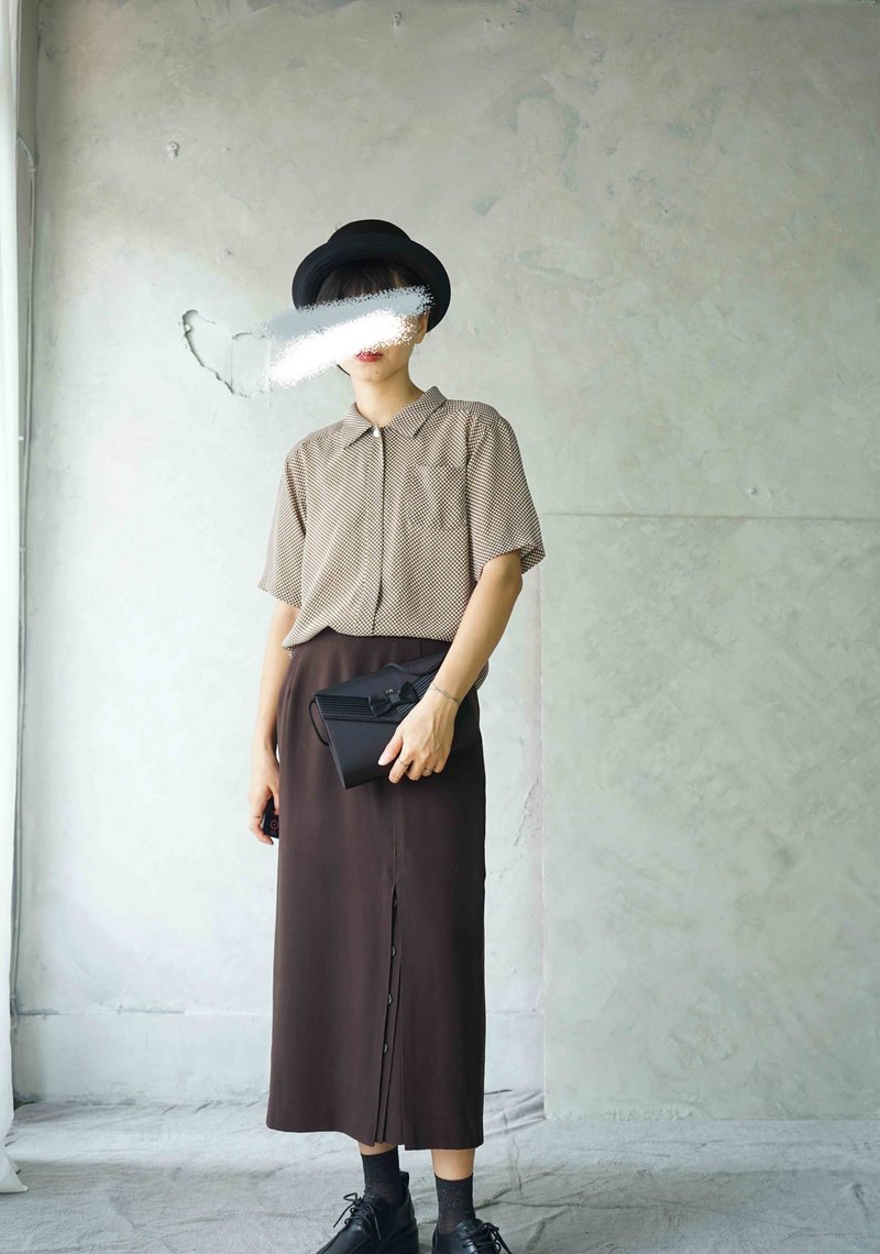 寻宝古着-咖啡牛奶水玉点点复古雪纺衬衫 - 女装衬衫 - 聚酯纤维 咖啡色