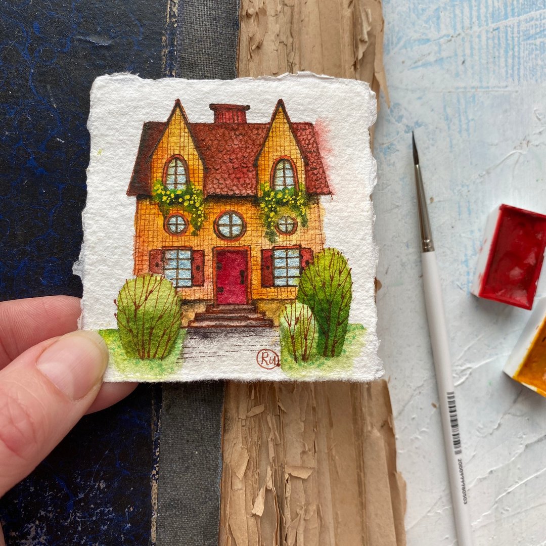 Fall painting Mini Original art Tiny artwork Autumn wall art by Rubinova - 海报/装饰画/版画 - 纸 橘色