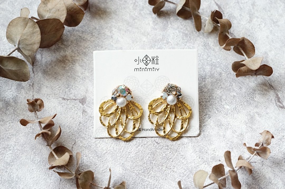 花朵 - 水晶珍珠18K吊饰耳环 - 两种戴法 (医疗级抗敏钢针) - 耳环/耳夹 - 水晶 金色