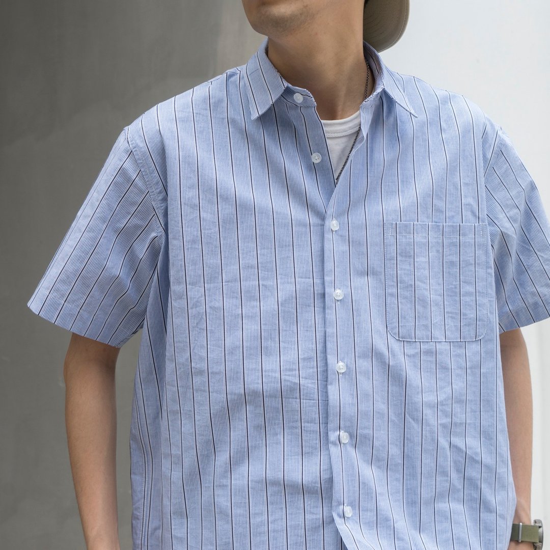 【盛夏换季穿搭】Stripe Short Shirt夏季日系休闲口袋衬衫 - 男装衬衫 - 棉 蓝色