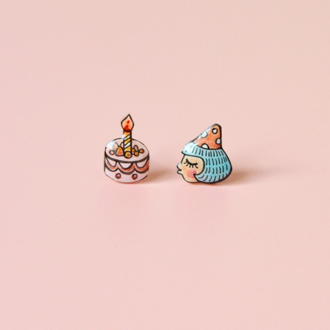 小寿星 生日快乐 甜美可爱手作耳钉 时尚礼物 纯银耳针 耳夹 - 耳环/耳夹 - 塑料 粉红色