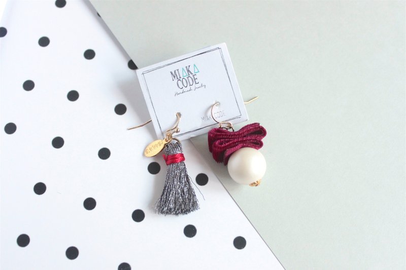 酒红色 灰色流苏 珍珠耳环/耳夹 秋冬 聖誕 - 耳环/耳夹 - 其他材质 红色