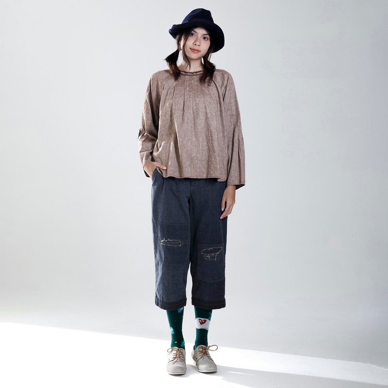 做旧须边补丁牛仔裤 - 女装长裤 - 棉．麻 蓝色