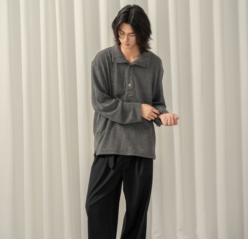 【亨利领】森系文艺复古 高领绒感通勤T恤 - 男装上衣/T 恤 - 其他材质 灰色