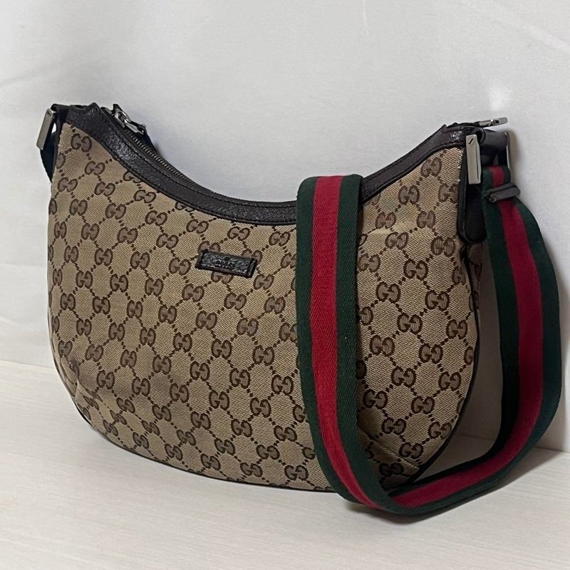 正品 Gucci 单肩包 GG 帆布皮革雪莉酒红米棕181092 二手 - 侧背包/斜挎包 - 其他材质 
