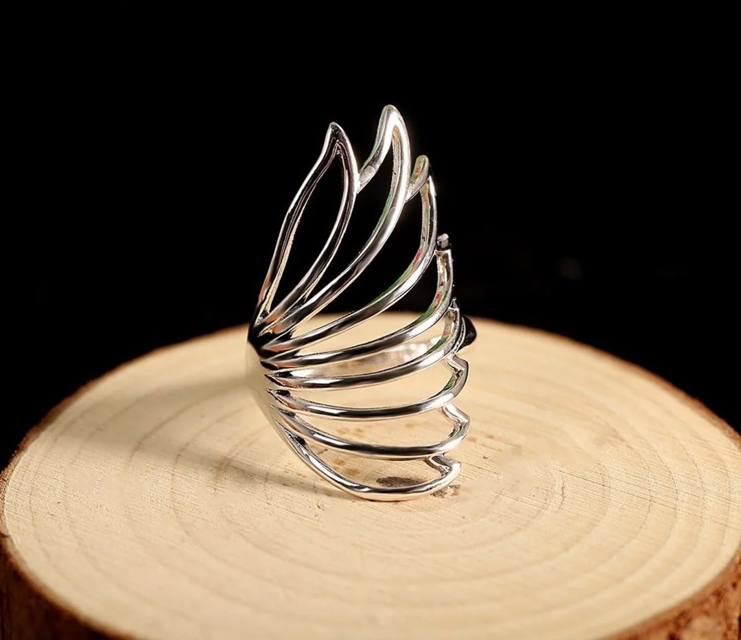 Exaggerated Hollow Wide Rings for Women Abstract Feather Rings Personalized - 戒指 - 宝石 银色
