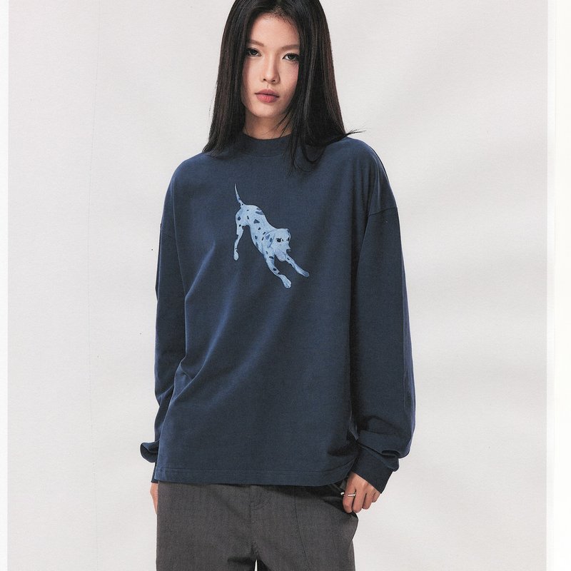 斑点狗数码印花轻绒感长袖T恤 半高领宽松长TEE - 中性连帽卫衣/T 恤 - 棉．麻 蓝色