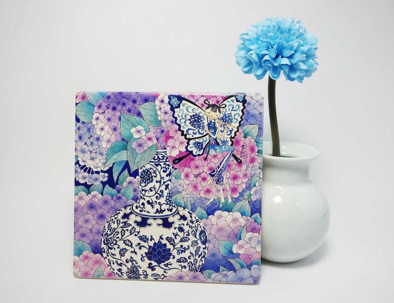 插画陶瓷吸水杯垫 (紫阳花小蝴蝶)剩最后一件 - 杯垫 - 陶 蓝色