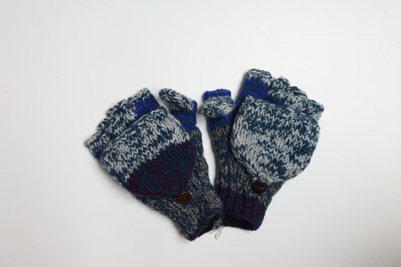 蓝色色块杂线翻盖手套海水配色纯羊毛线手工编织摇粒绒全内衬保暖 - 手套 - 羊毛 蓝色