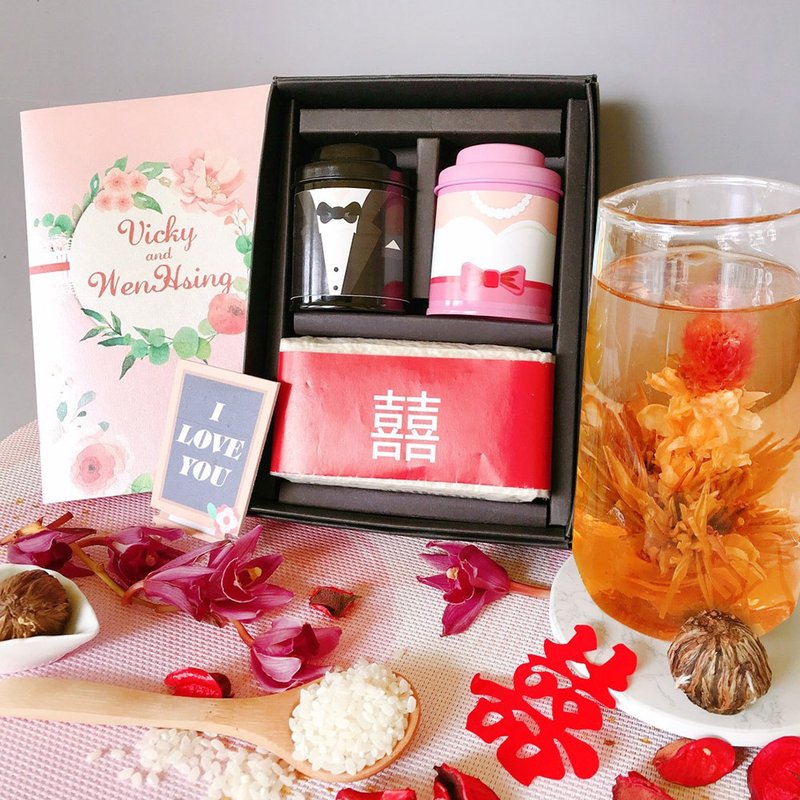 【婚礼小物】无藏─花现幸福_开花茶米礼盒组(2茶+1米) - 茶 - 新鲜食材 红色
