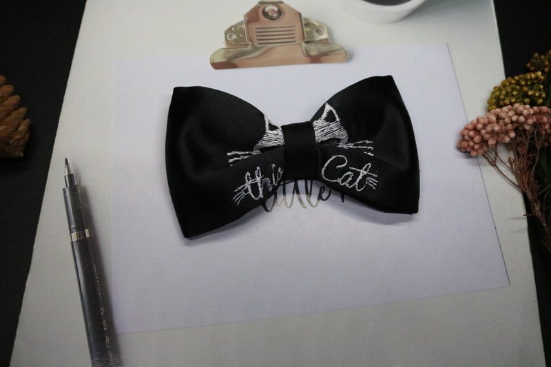 黑色真絲小猫刺繡領結學院範蝴蝶結 - 领带/领带夹 - 丝．绢 黑色