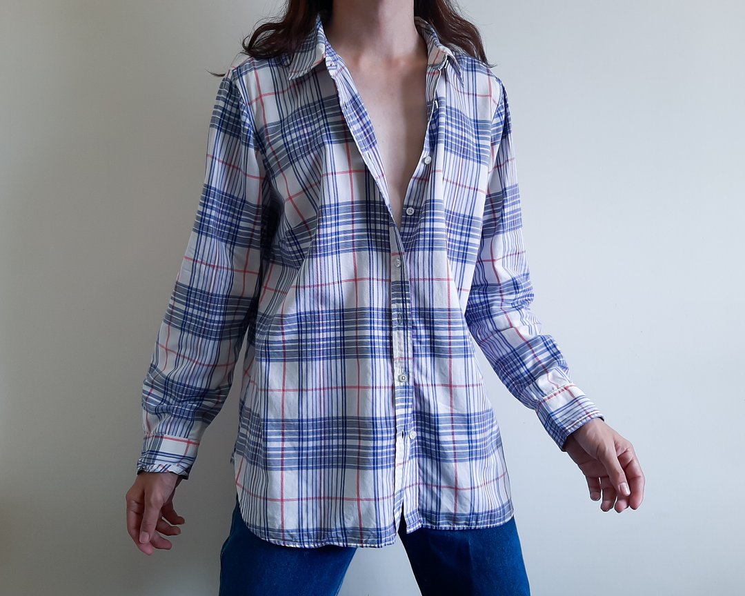 TALBOTS 格子法兰绒衬衫 超大款奶油蓝粉色格子衬衫 - 男装衬衫 - 棉 蓝色