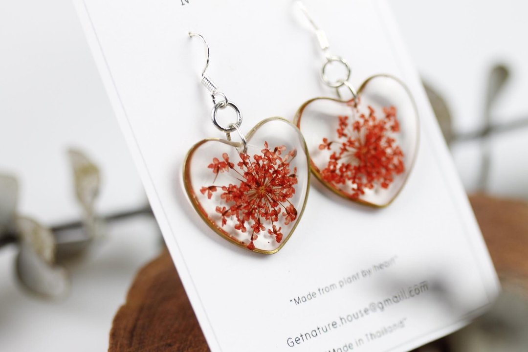 Heart (L) earring - 耳环/耳夹 - 植物．花 红色