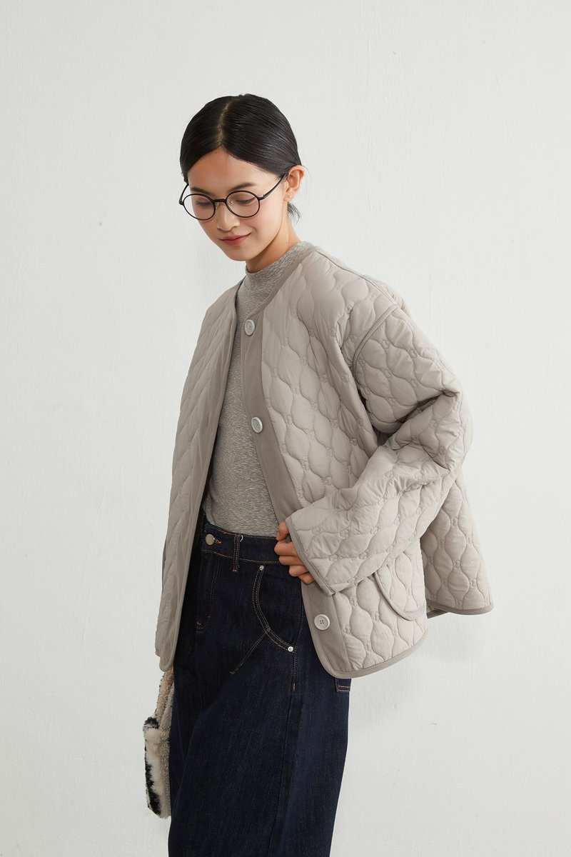 迷你蘑菇图案 双面绗缝圆领长袖中棉外套 - 女装休闲/机能外套 - 聚酯纤维 灰色