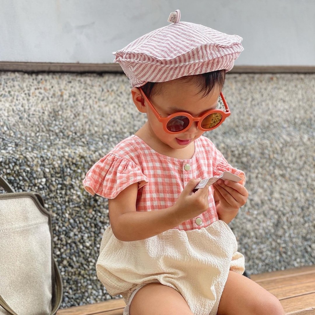 复古摩登调色板 | 双面条纹拼接贝雷画家帽 - 婴儿帽/发带 - 棉 粉红色