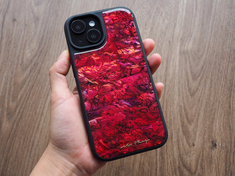 红色 鲍鱼贝壳 手工手机壳 适用iPhone16,15,14,13,12,11ProMax - 手机壳/手机套 - 贝壳 红色