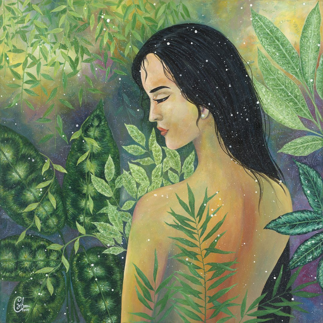 女性植物绘画 沁心引光4  Woman Painting - Light Into me 4 - 订制画像 - 棉 黄色
