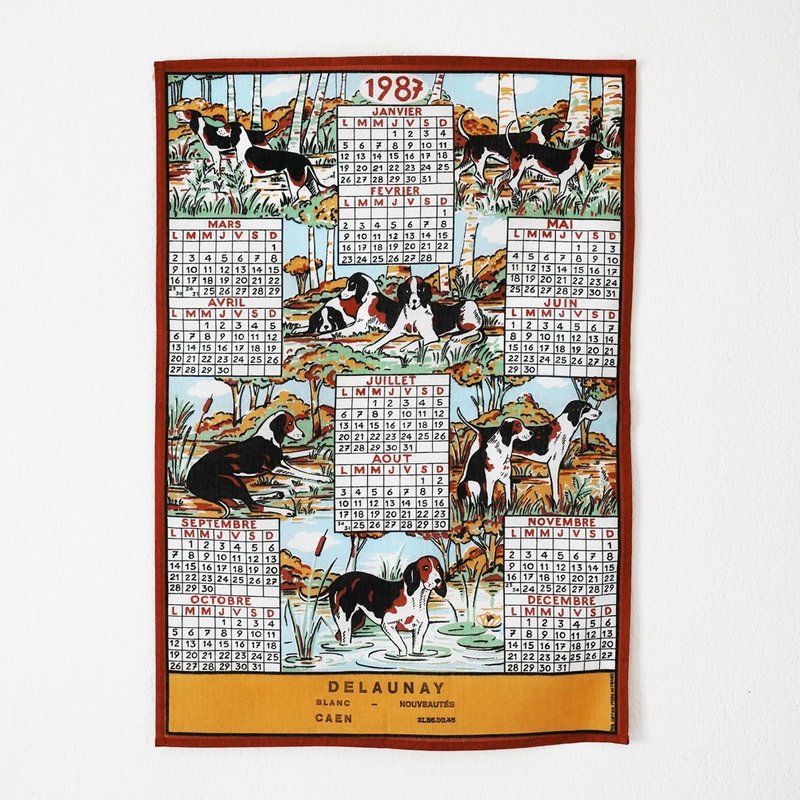 1987年 法国复古 小狗 日历 茶巾 - 海报/装饰画/版画 - 棉 