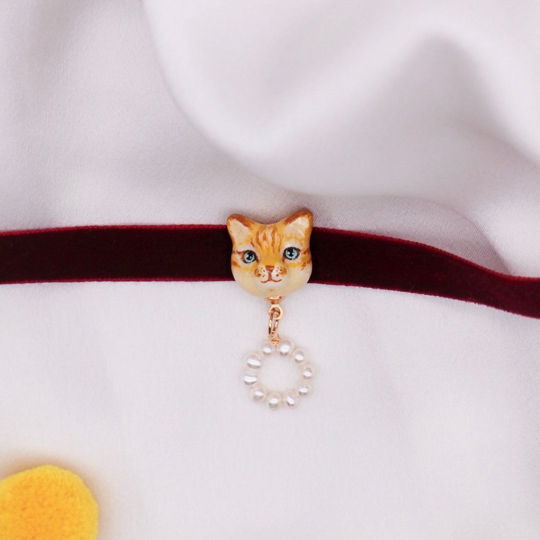 猫与天然珍珠颈链 | 可改耳针 | 项圈颈链 Choker | 喵皇主子定制 - 颈链 - 粘土 