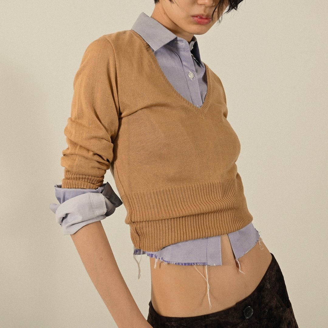 【NaSuBi Vintage】日本制修身轮廓针织古着上衣 - 女装针织衫/毛衣 - 其他人造纤维 咖啡色