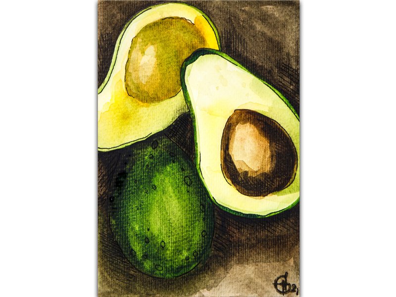 Avocado Painting Kitchen Food Still Life Original Art Fruit Watercolor Painting - 海报/装饰画/版画 - 纸 咖啡色