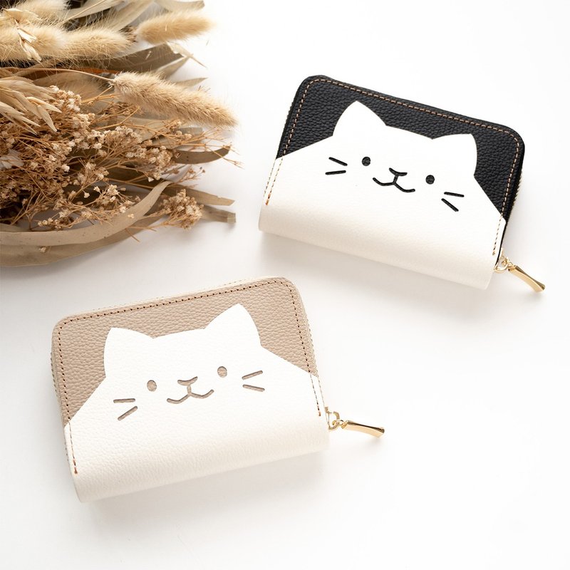 纸钞无需对折 迷你钱包 猫咪 【 缩纹皮革 】 真皮 小钱包 猫 礼物 HW23K - 皮夹/钱包 - 真皮 黑色