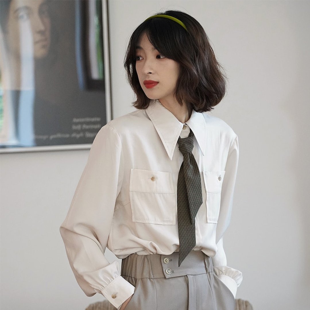 米色法式尖领长袖衬衫|衬衫|夏秋款|棉+涤纶|Sora-574 - 女装衬衫 - 棉．麻 