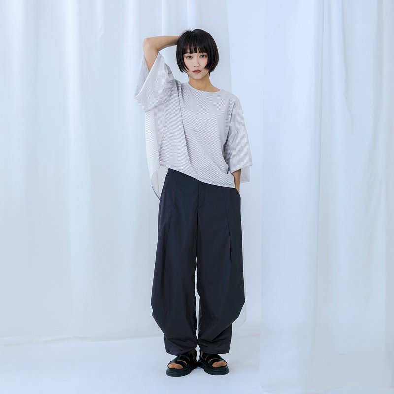 滑料立体侧抓褶裤 - 女装长裤 - 棉．麻 蓝色