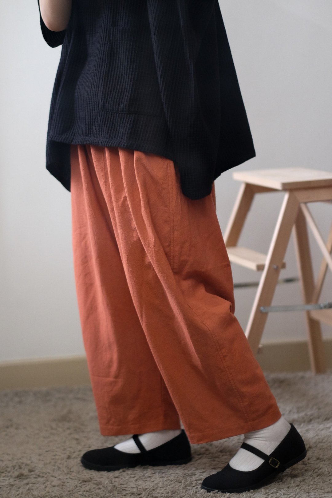 鲑鱼柑橘红 廓型低档宽裤 - 女装长裤 - 棉 红色