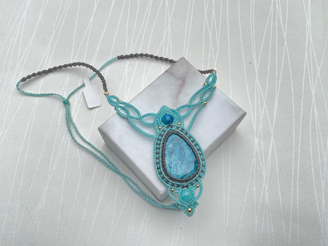 220610 Macrame 蓝磷灰 编织 颈链 - 项链 - 半宝石 蓝色
