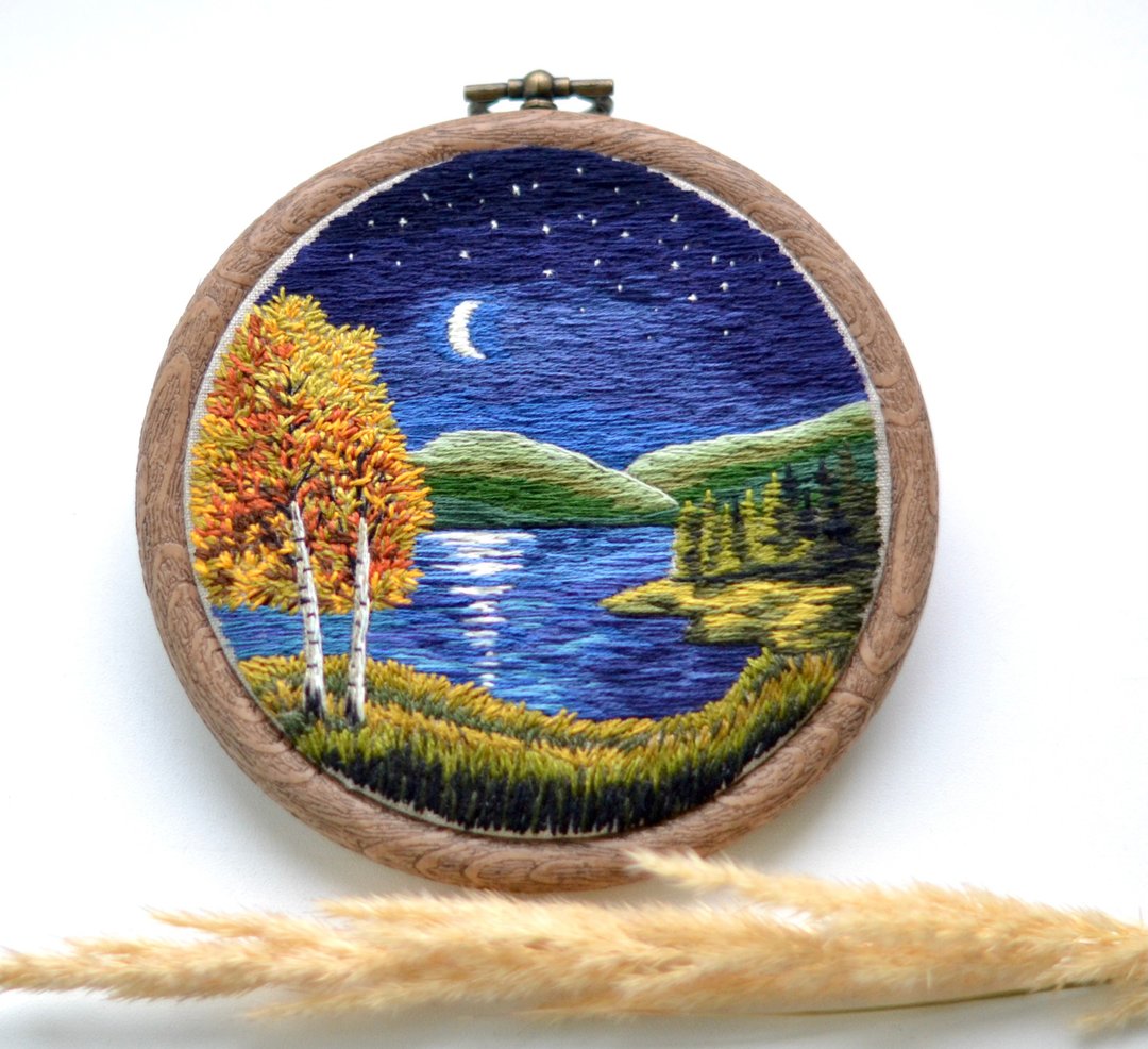 Night Embroidery Landscape, Thread Paining, Embroidery art, Hand embroidery - 墙贴/壁贴 - 绣线 