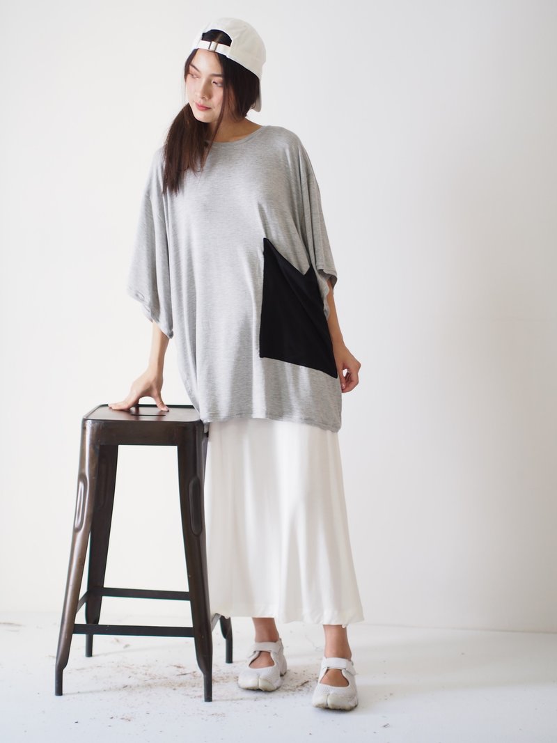 ByTheSea T Dress Side Slit - GreyBlack - 女装 T 恤 - 棉．麻 灰色
