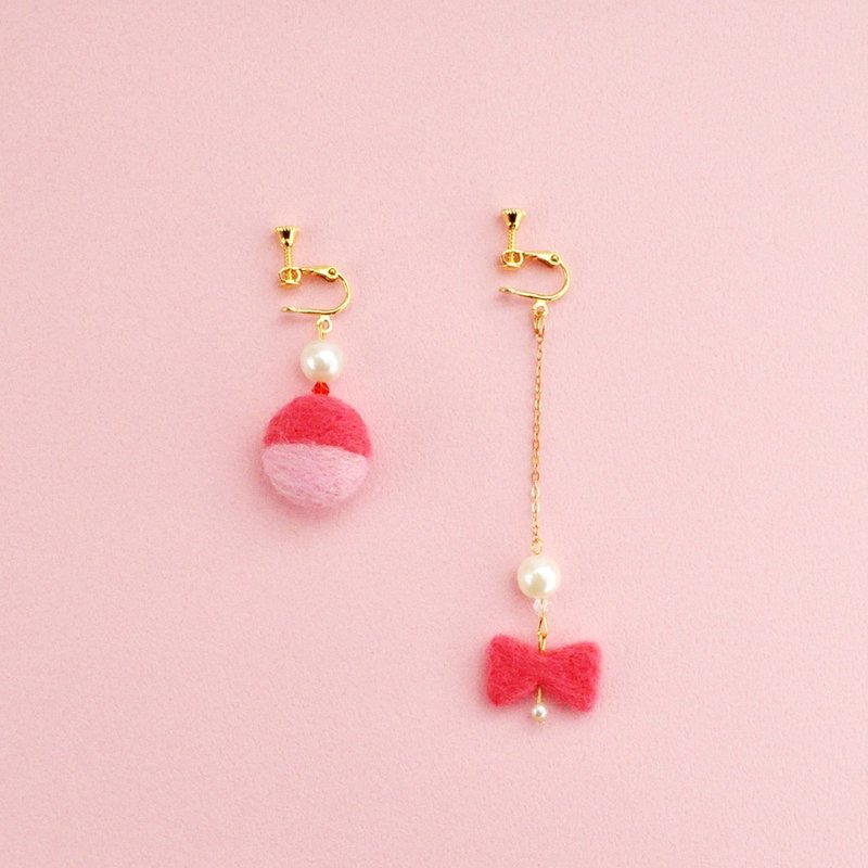 粉色风情羊毛毡耳环/耳夹 - 耳环/耳夹 - 羊毛 粉红色