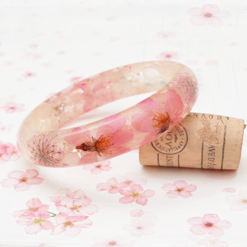 花说・日本东京昭和桜 - 樱花手镯 (粉花白底)・ 干燥花永生花  - 手链/手环 - 植物．花 粉红色