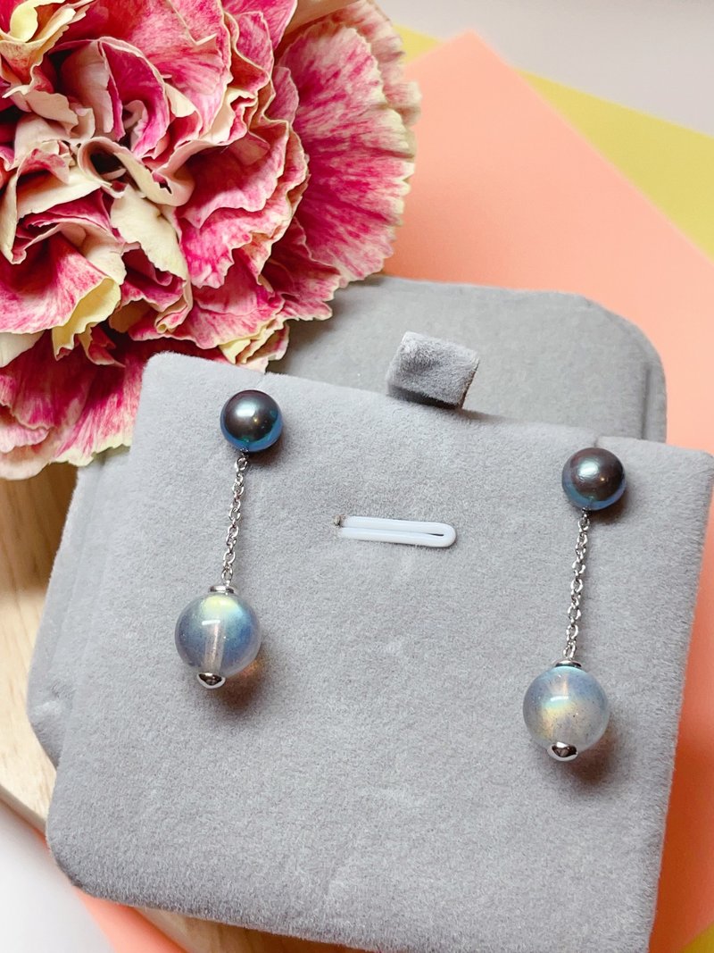 S925纯银拉长石及海水珍珠耳环 - 耳环/耳夹 - 纯银 灰色