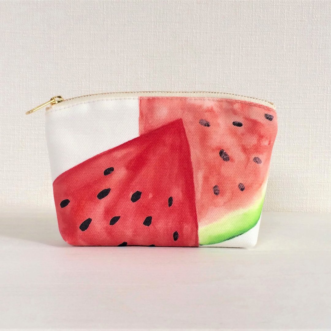 Fruit garden round petite with round gore watermelon - 化妆包/杂物包 - 棉 红色