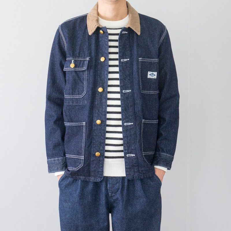 日系潮流 美式工装口袋牛仔外套 corduroy collar denim jacket - 男装外套 - 棉．麻 蓝色