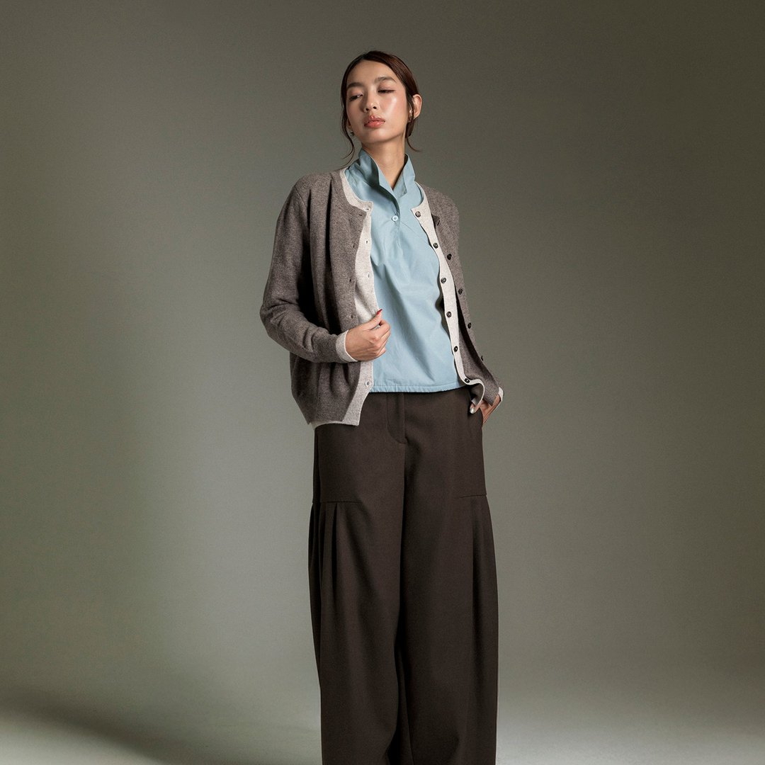 跳色滚边开襟针织外套 - 女装针织衫/毛衣 - 其他材质 咖啡色