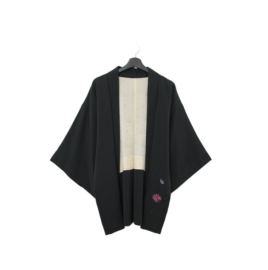 Back to Green-日本带回羽织 刺绣蓝粉花 kb-52/vintage kimono - 女装休闲/机能外套 - 丝．绢 
