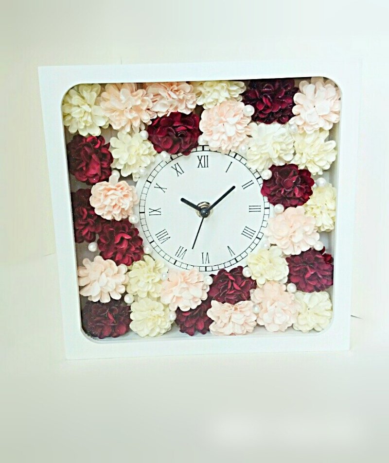 Flower Clock Square (White) Carnation (Red Mix) - 时钟/闹钟 - 木头 红色