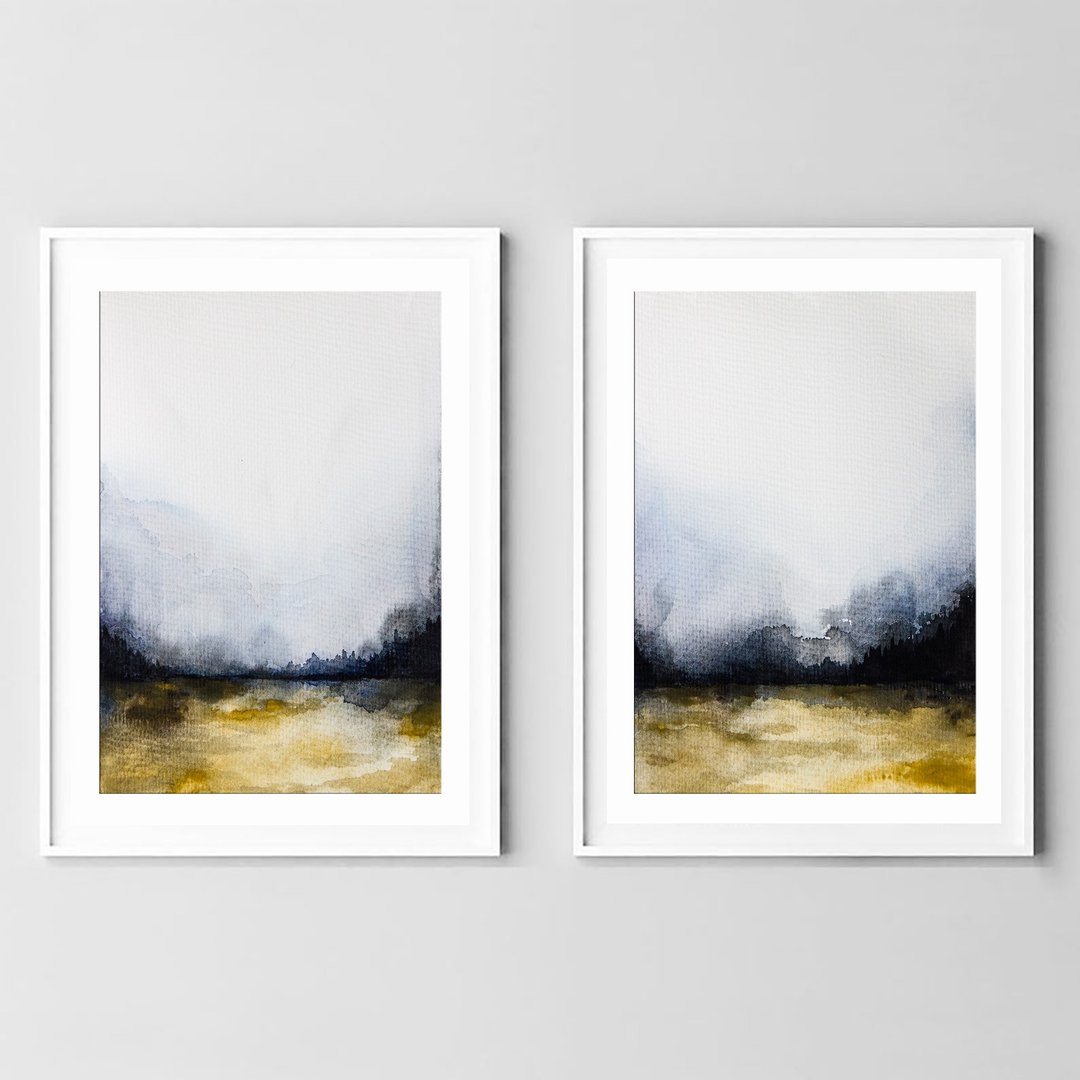 Smoky Landscape Original Painting 2 set Abstract Watercolor Minimalist Painting - 海报/装饰画/版画 - 纸 卡其色