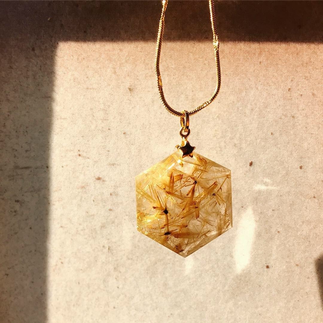 【Lost and find】天然石 闪亮 金发晶 钛晶 星星交错 颈项 6T33 - 项链 - 宝石 金色