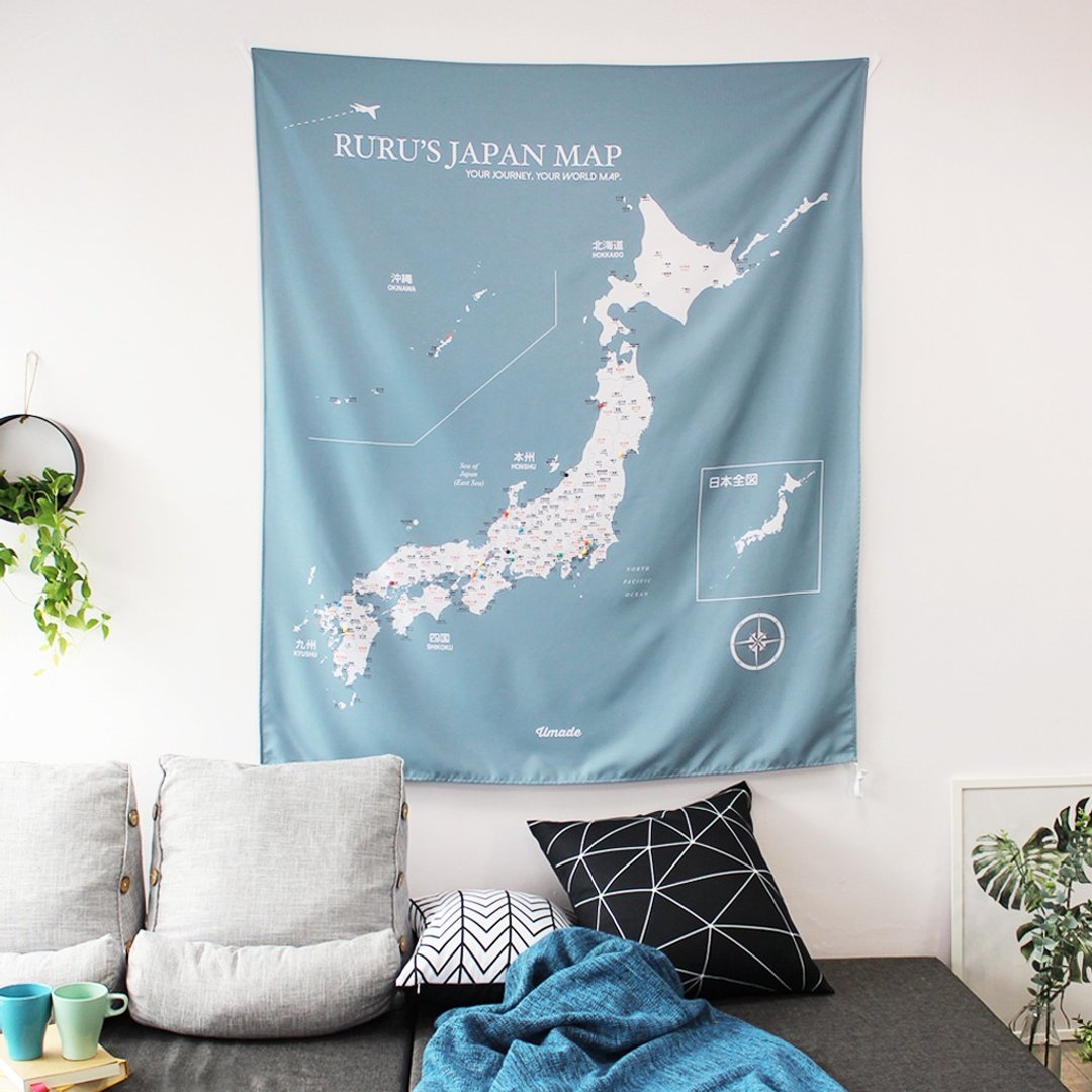 日本地图 - 你的专属日本地图 (布)。月白灰 (定制化礼物 情人节礼物) - 海报/装饰画/版画 - 聚酯纤维 蓝色
