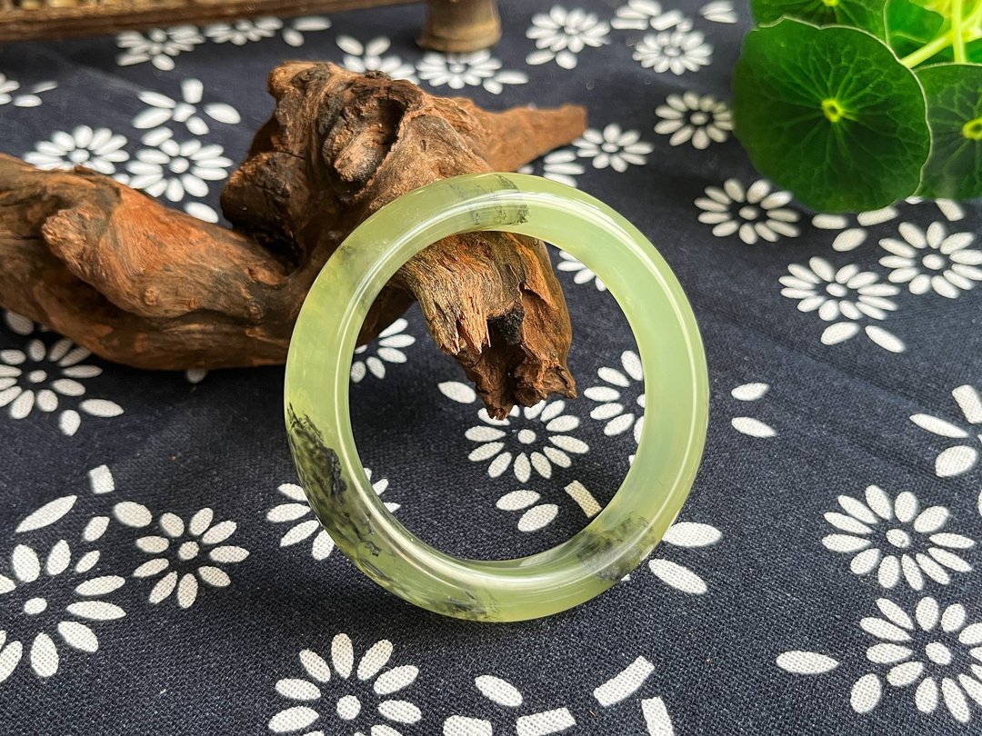 【一物一图】天然辽宁岫玉手镯 手镯圈口54.1mm 水墨 正圈 - 手链/手环 - 玉石 多色