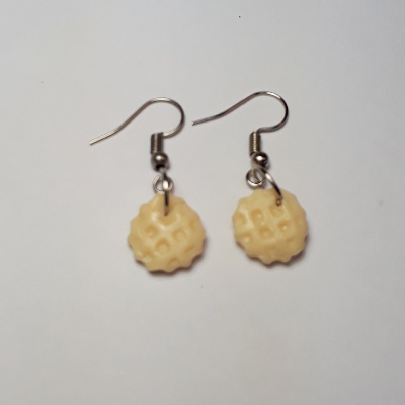 Yellow Waffle Earring Handmade Air Dry Clay Eco Friendly Stainless Wire Hook - 耳环/耳夹 - 粘土 黄色