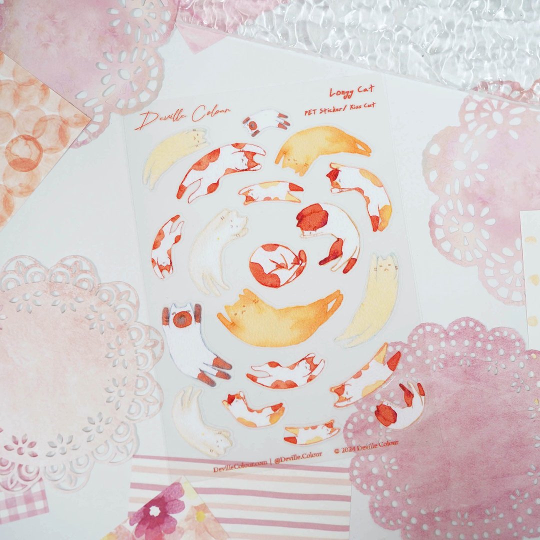 【条条猫弯弯】水彩插画 白墨PET贴纸 手帐 防水 可爱 站立猫咪 - 贴纸 - 纸 红色