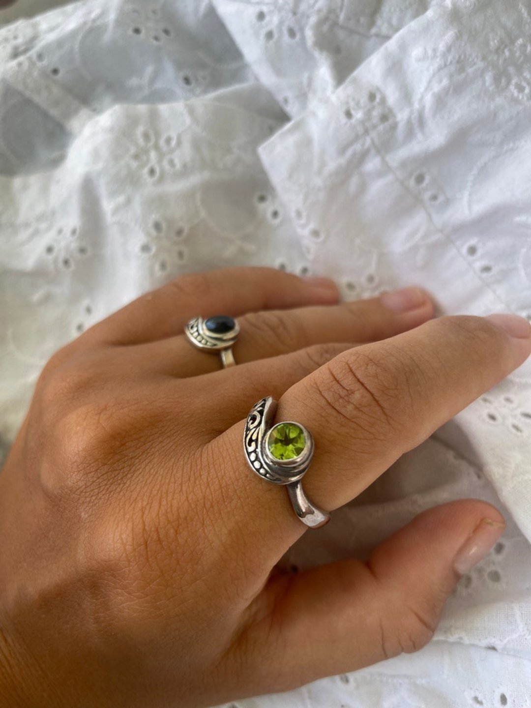 Peridot silver ring, bali arthurist ring, filigree ring, vintage peridot ring, m - 戒指 - 银 
