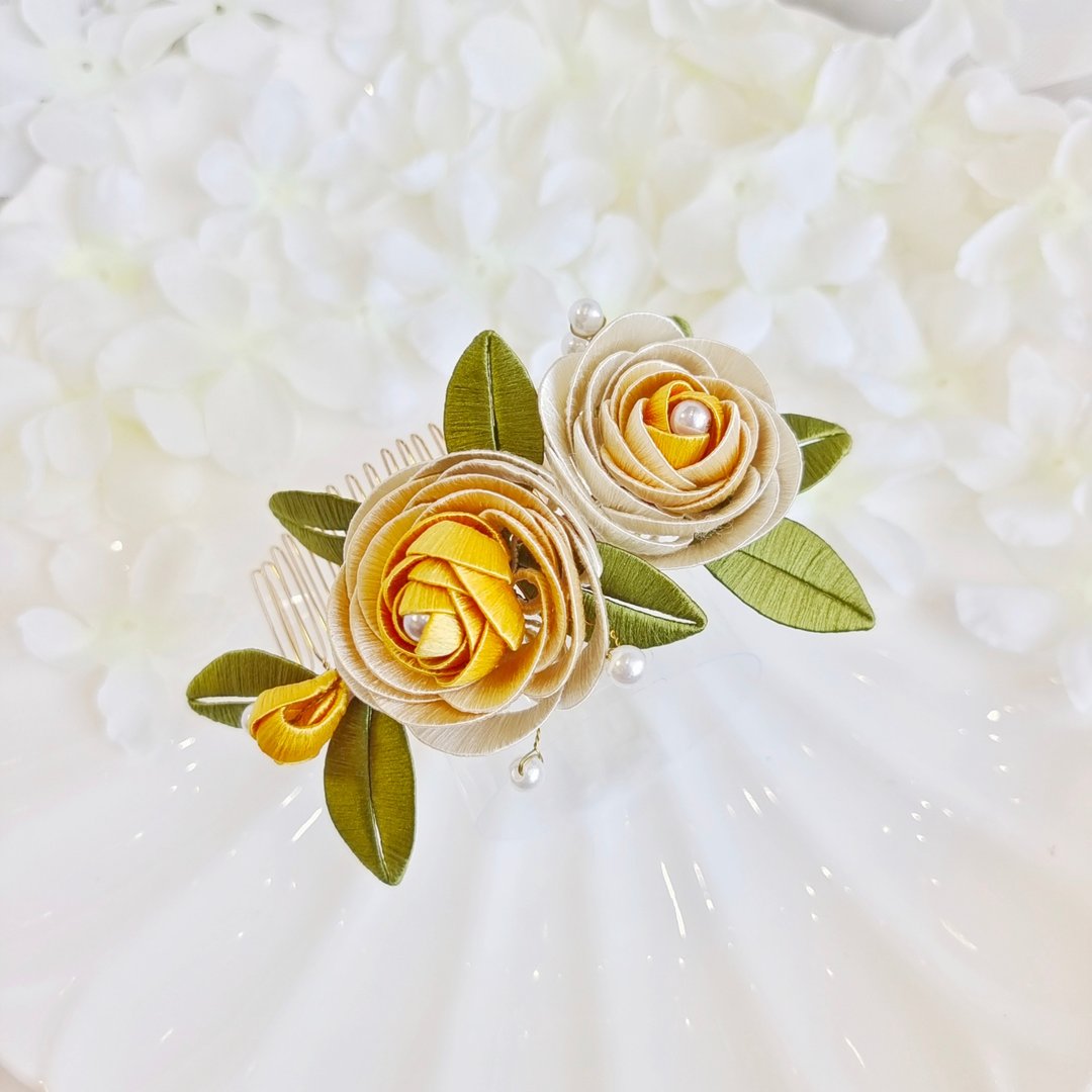 黄玫瑰花发梳 发夹 发簪  胸针 缠花 春仔花 婚礼发饰 天然真丝 - 发饰 - 丝．绢 黄色