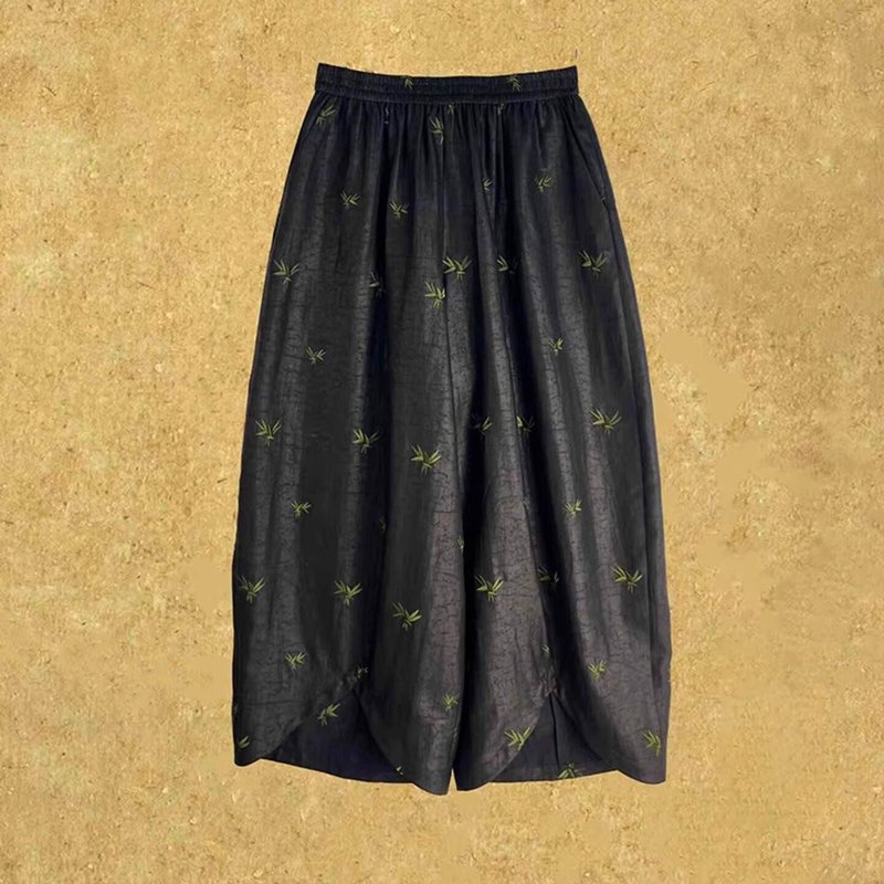 【晚竹】 新中式復古 桑蚕丝百搭阔腿裤 - 女装长裤 - 丝．绢 黑色